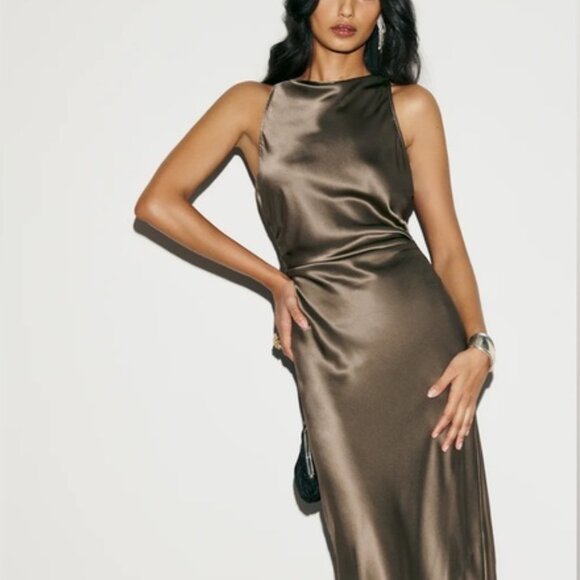 NEW Reformation Anaiis Long Silk Backless Dress Morel Brown | US 4 UK 8 - Picture 10 of 12